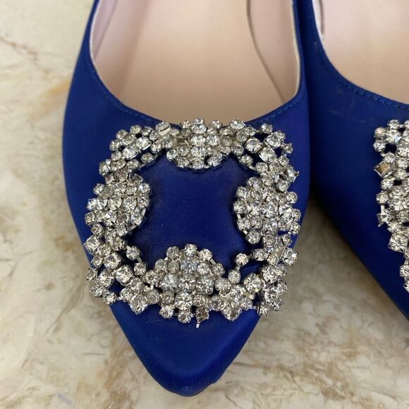 NEW! Royal Blue Satin & Crystal Buckle Embellishment Hangisi Ballet Flats - Picture 6 of 9